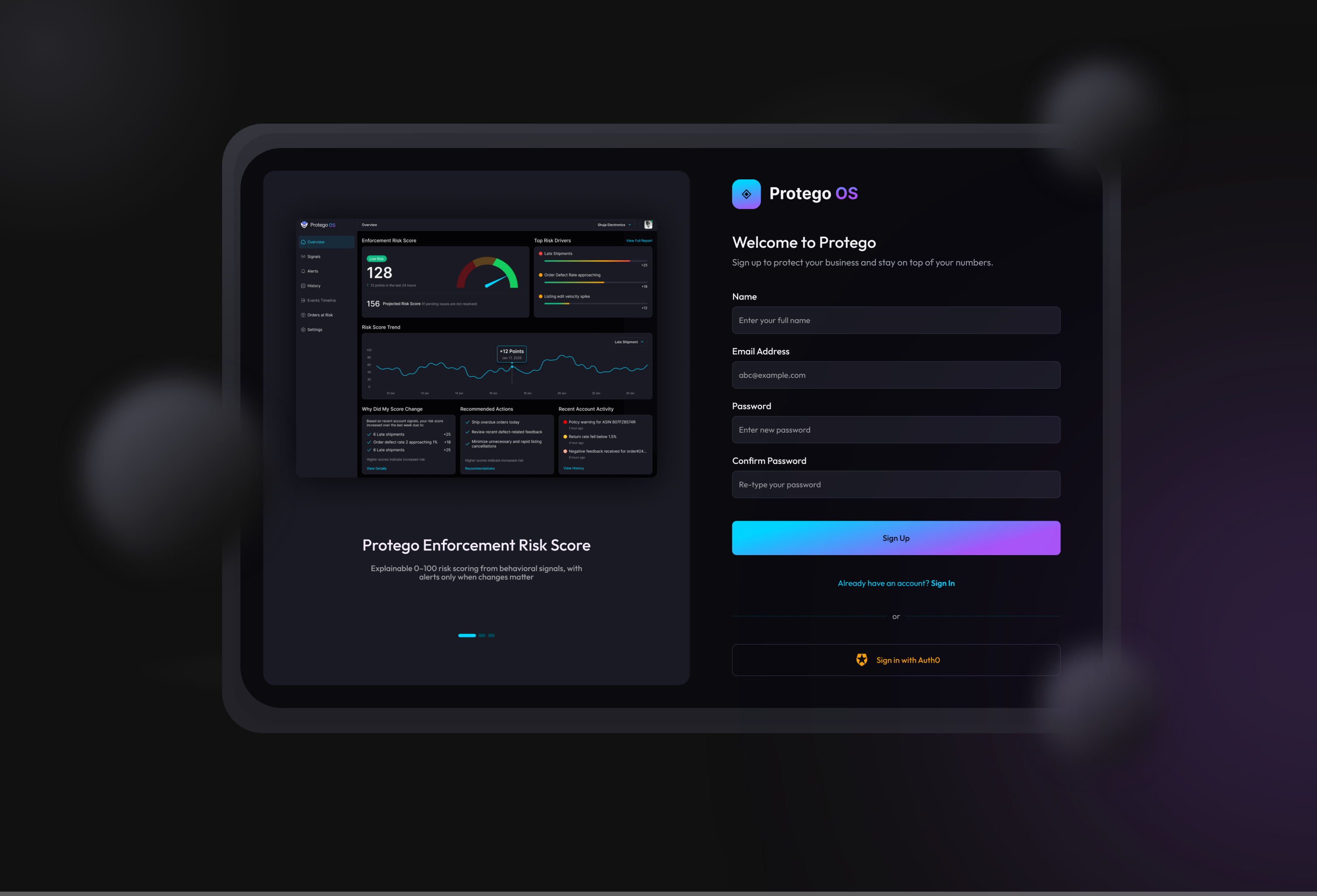 On top of this data foundation, Protego surfaces enforcement risk through a unified dashboard that highlights key signal